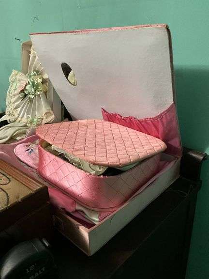 Vintage ladies hankies, lingerie set, jewelry box, misc