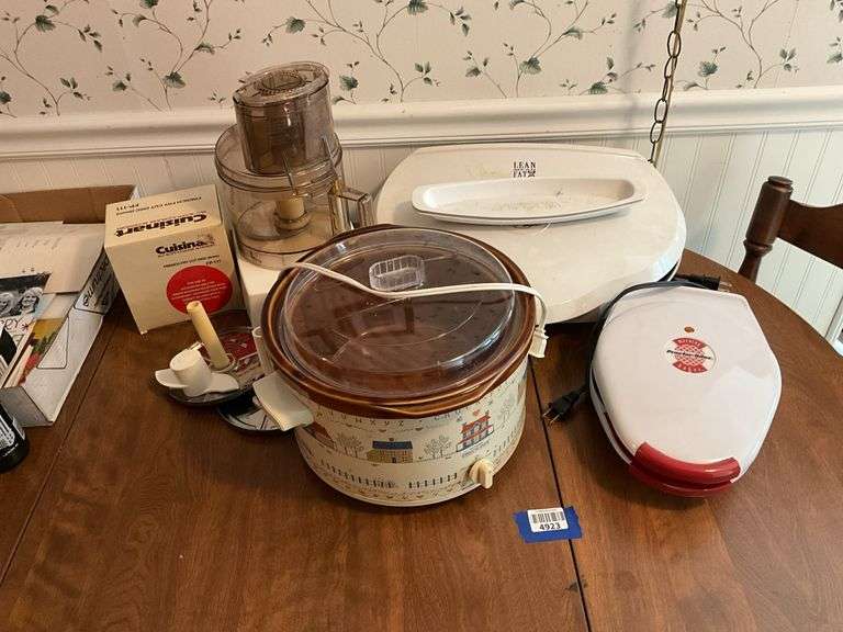 Small appliances: Cuisinart food processor, slow cooker, George Foreman grill, Proctor-Silex waffle maker