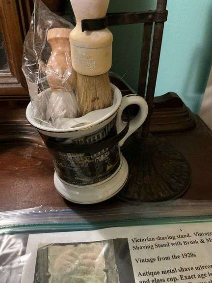 Victorian shaving mirror w/ reproduction mustache mug, two shaving brushes