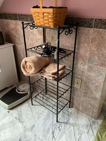 5-tier wrought metal shelf unit w/ contents: basket, blow dryer, towels 16x11x38