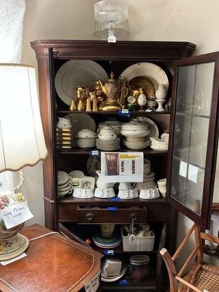 Brandt mahogany corner cupboard, molded cornice over two glazed doors, drawer and cabinet base - no contents - MUST COME DURING LAST 2 HOURS OF PICKUP FOR THIS ITEM
