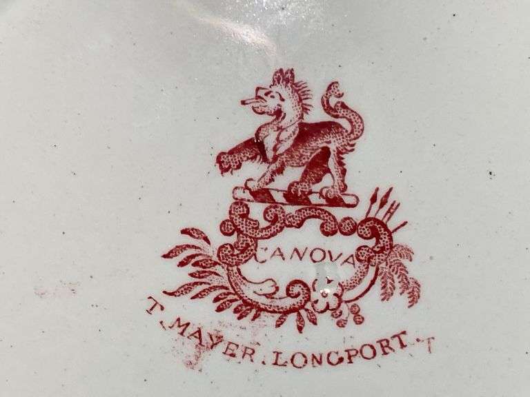 Contents of shelf: red Staffordshire transfer printed teapot, cup plates, plates
