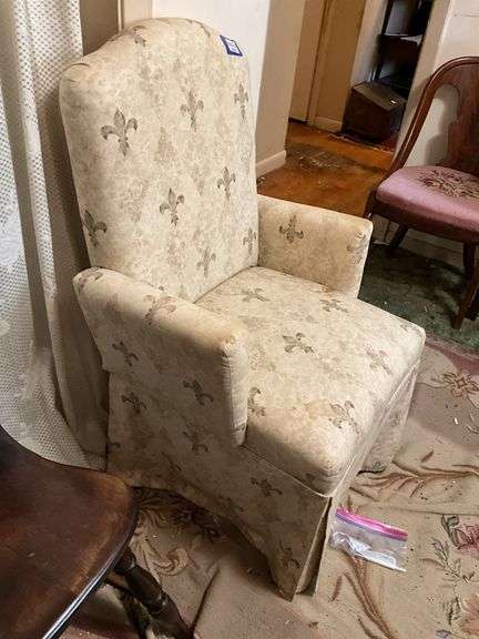 Upholstered boudoir arm chair - note stains to fabric