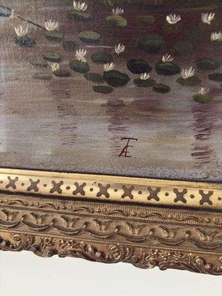 Naive painting, landscape w/ tiny figures, signed AET, in gilt frame 21.5x27.5