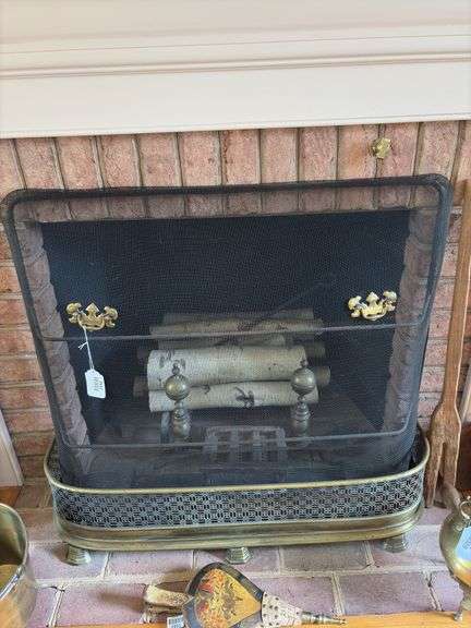 Brass fireplace fender, wire fireplace screen, brass andirons 39in wide