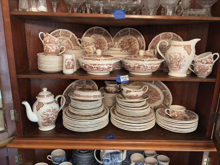 Contents of two shelves: Alfred Meakin Fair Winds pattern brown transfer dinnerware set w/ serving pcs