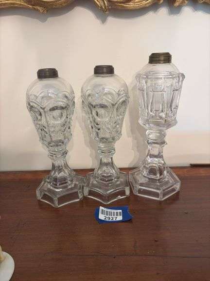 Three glass whale oil lamps - by the pc take three