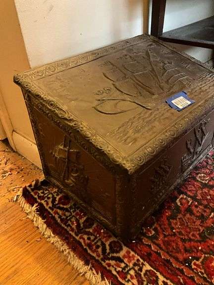 Ship motif brass repousse covered kindling box w/ tin liner, and contents