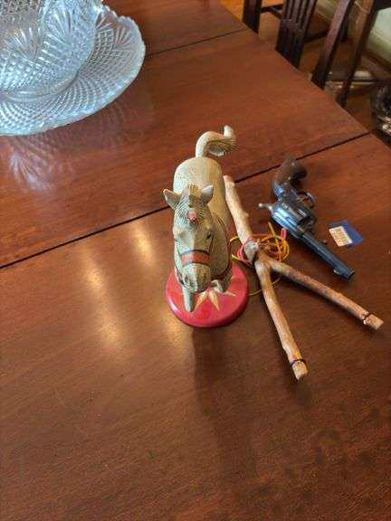 Carousel horse figure, wooden slingshot, Daisy BB gun