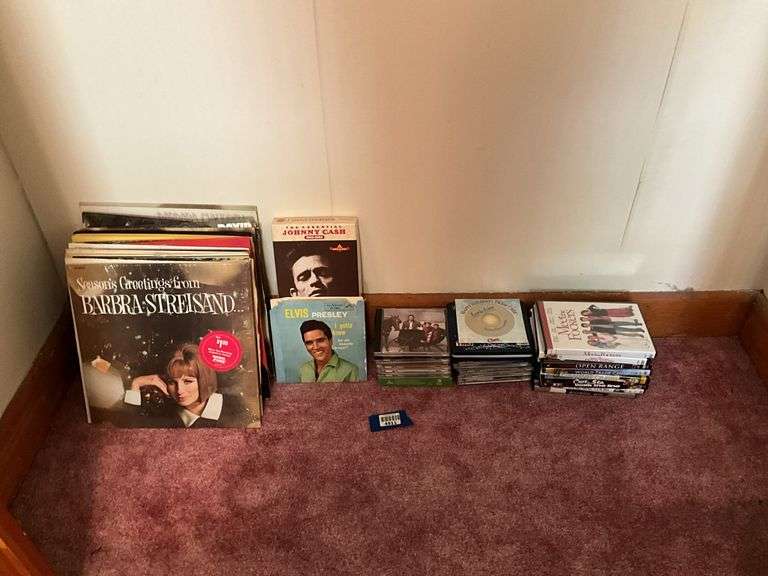 Vintage records including: Elvis, Streisand, and CDs, DVDs