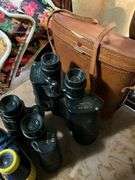 Opera glasses w/ pouch and three pair of binoculars, one case