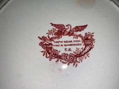 Contents of shelf: red Historical Staffordshire transfer printed View Near Conway NH pattern plates