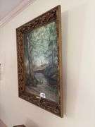 Naive painting, landscape w/ tiny figures, titled English Country Side, in gilt frame 22.5x28.5