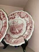 Contents of shelf: red Historical Staffordshire transfer printed View Near Conway NH pattern plates