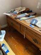 Oak finish coffee table w/ drawers, turned legs - no contents 51x25x18