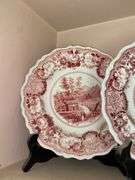 Contents of shelf: red Historical Staffordshire transfer printed View Near Conway NH pattern plates