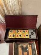 Wham-O wooden slingshot in package, playing card decks in decorative box
