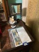 Victorian shaving mirror w/ reproduction mustache mug, two shaving brushes