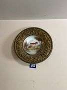 Scenic handpainted plate in brass repousse frame mount