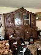 Louis XV style 2-part cabinet w/ carved crest, leaded glass central cabinet doors, carved panels and drawer fronts throughout, cabriole legs - no contents 92x22x93 MUST COME DURING LAST 2 HOURS OF PICKUP FOR THIS ITEM