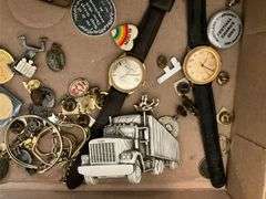 Wrist watches by Gervais Penard, Timex, truck belt buckle, lapel pins, misc