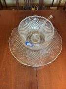 Pineapple and Fan pressed glass punch bowl and under tray w/ ladle