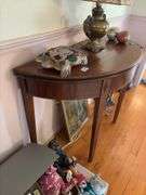 Demi-lune game table w/ inlaid diamonds, tapered legs - no contents 41x18x30