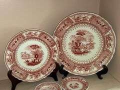 Contents of shelf: red Staffordshire transfer printed teapot, cup plates, plates