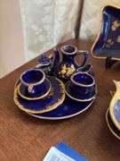 Cobalt and gold luster dish, ashtrays, and mini teaset w/ Limoges/France marks