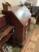 Mahogany finish slant front desk w/ serpentine drawers - drawer contents included - no top contents 36x20x41