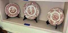 Contents of shelf: red Staffordshire transfer printed plates