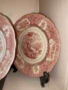 Contents of shelf: red Staffordshire transfer printed platter and plates, including British Lakes pattern