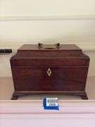 Tea caddy box w/ top handle, inlaid escutcheon, ogee bracket feet