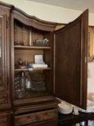 Louis XV style 2-part cabinet w/ carved crest, leaded glass central cabinet doors, carved panels and drawer fronts throughout, cabriole legs - no contents 92x22x93 MUST COME DURING LAST 2 HOURS OF PICKUP FOR THIS ITEM