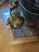 Brass teakettle w/ amber glass handle, and brass kettle stand