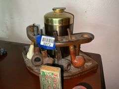 Wood/metal tobacco humidor/pipe rack w/ pipes
