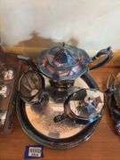 Silverplated teaset, Revere bowl and serving pcs, pewter goblets, bowls