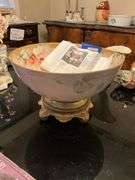 Limoges porcelain punch bowl handpainted w/ cherries and blossoms, w/ separate porcelain base