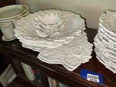White molded floral dishes and serving pcs, votive cup