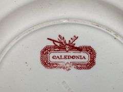 Contents of shelf: red Staffordshire transfer printed china platter, plates, cup/saucer, including Caledonia pattern