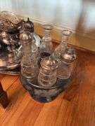Silverplated tray and serving pcs, and Victorian table castor w/ bottles - missing handle