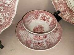Contents of shelf: red Staffordshire transfer printed china platter, plates, cup/saucer, including Caledonia pattern
