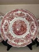 Contents of shelf: red Staffordshire transfer printed Spanish Convent pattern plates