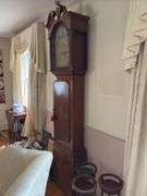 JOHN WESTON/ WOLSINGHAM tall case clock, brass face w/ rocking ship movement, case has inlaid stringing and details, ogee bracket feet 20x10x91