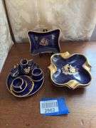 Cobalt and gold luster dish, ashtrays, and mini teaset w/ Limoges/France marks