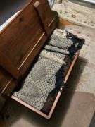 Knotty pine blanket chest w/ sawn bracket feet - w/ linens contents 32x18.5x16