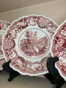 Contents of shelf: red Historical Staffordshire transfer printed View Near Conway NH pattern plates