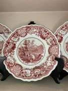 Contents of shelf: red Historical Staffordshire transfer printed View Near Conway NH pattern plates