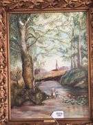 Naive painting, landscape w/ tiny figures, titled English Country Side, in gilt frame 22.5x28.5