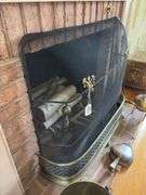 Brass fireplace fender, wire fireplace screen, brass andirons 39in wide